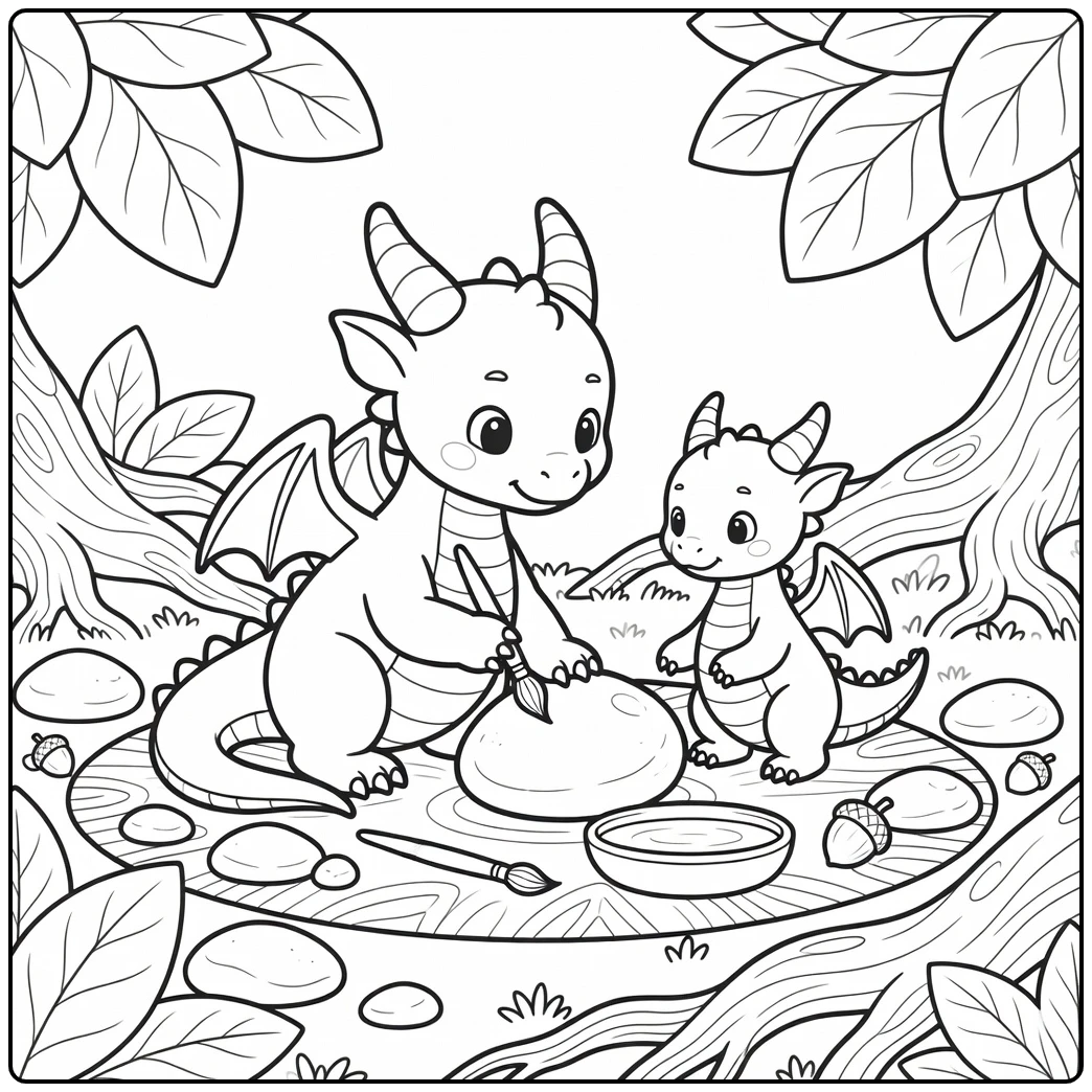 Dragon girl coloring page: young dragon paints pebble