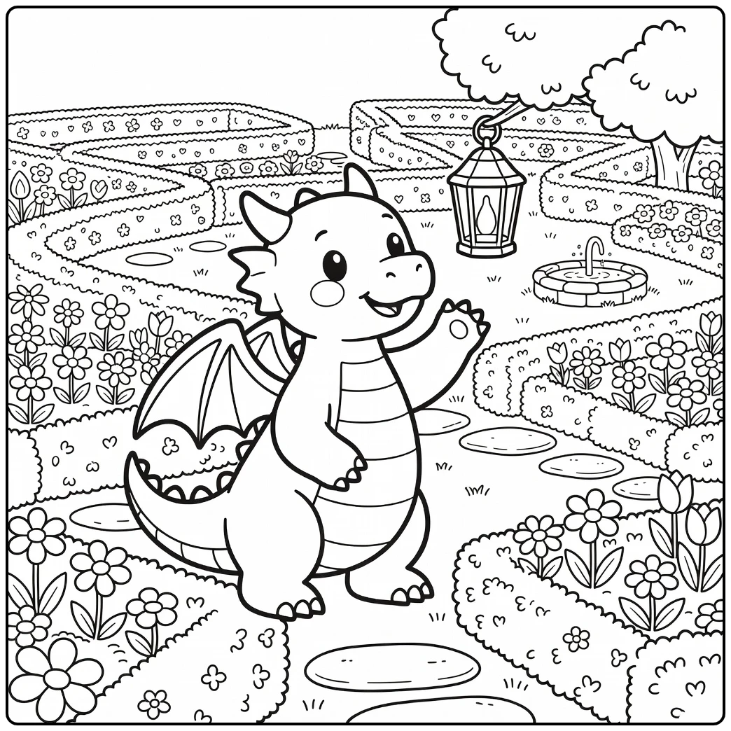Cute dragon reaches lantern in maze garden dragon coloring page