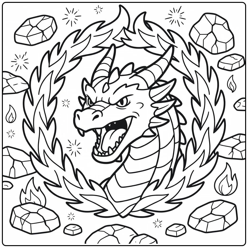Fierce dragon head coloring page in flame wreath with rocks