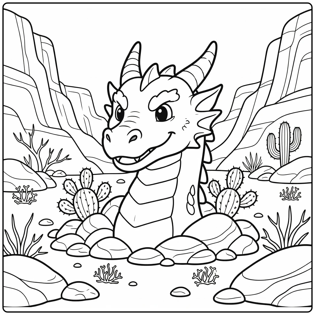 Dragon head coloring page peeking from canyon rocks