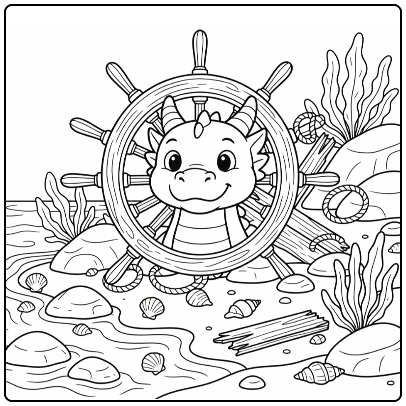 Dragon head coloring page peeking behind shipwreck wheel