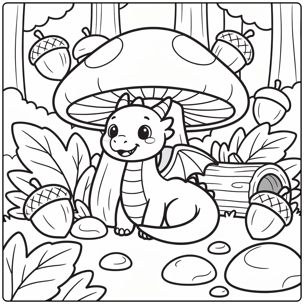 Cute dragon peeks behind giant mushroom woodland dragon coloring page