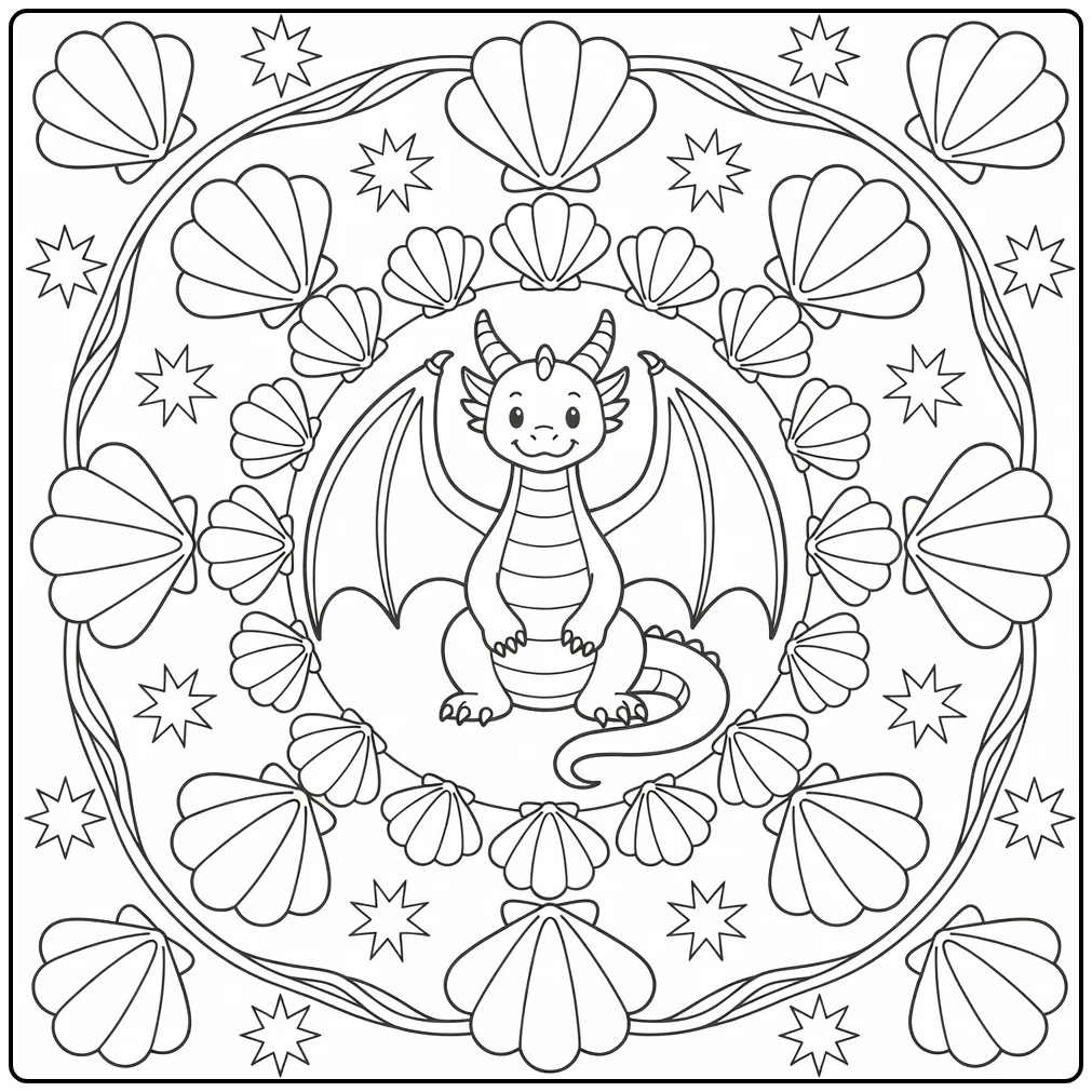 Dragon mandala coloring page: protective western dragon in shell wreath