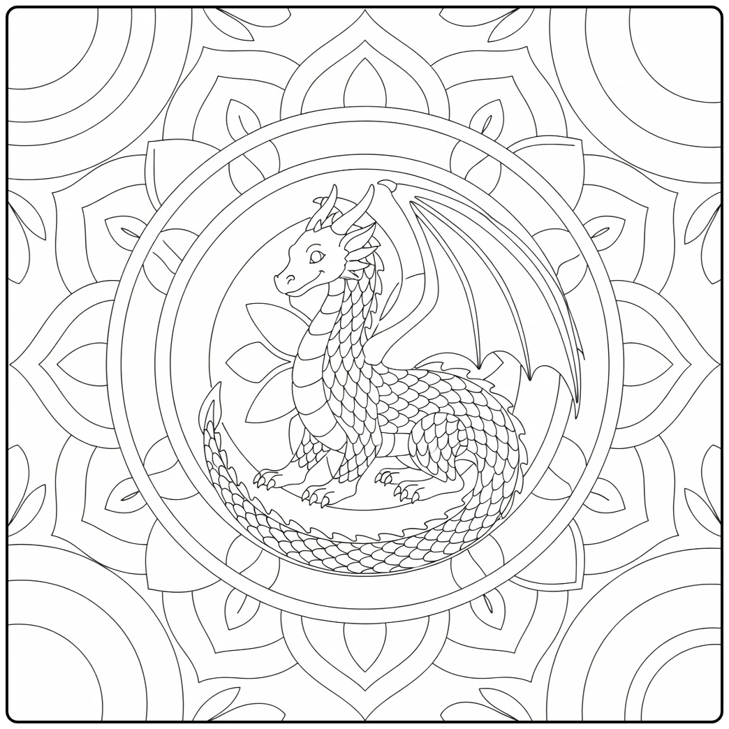 Dragon mandala coloring page: western dragon curls around lotus emblem