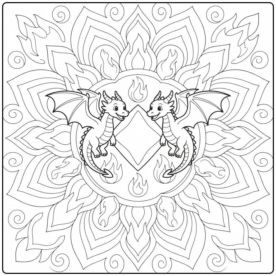 Dragon mandala coloring page: twin western dragons circle gem center