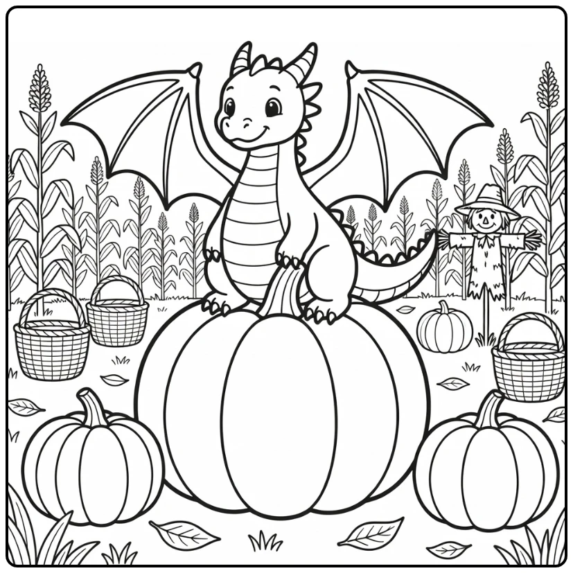 Cute western dragon on giant pumpkin harvest field dragon coloring page