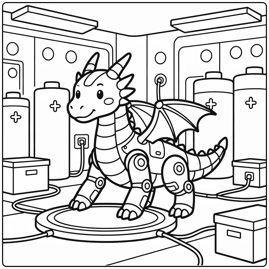 Dragon robot coloring page: mech dragon recharging in garage