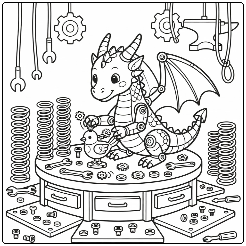 Dragon robot coloring page: mechanical wyrm builds tiny wind-up bird