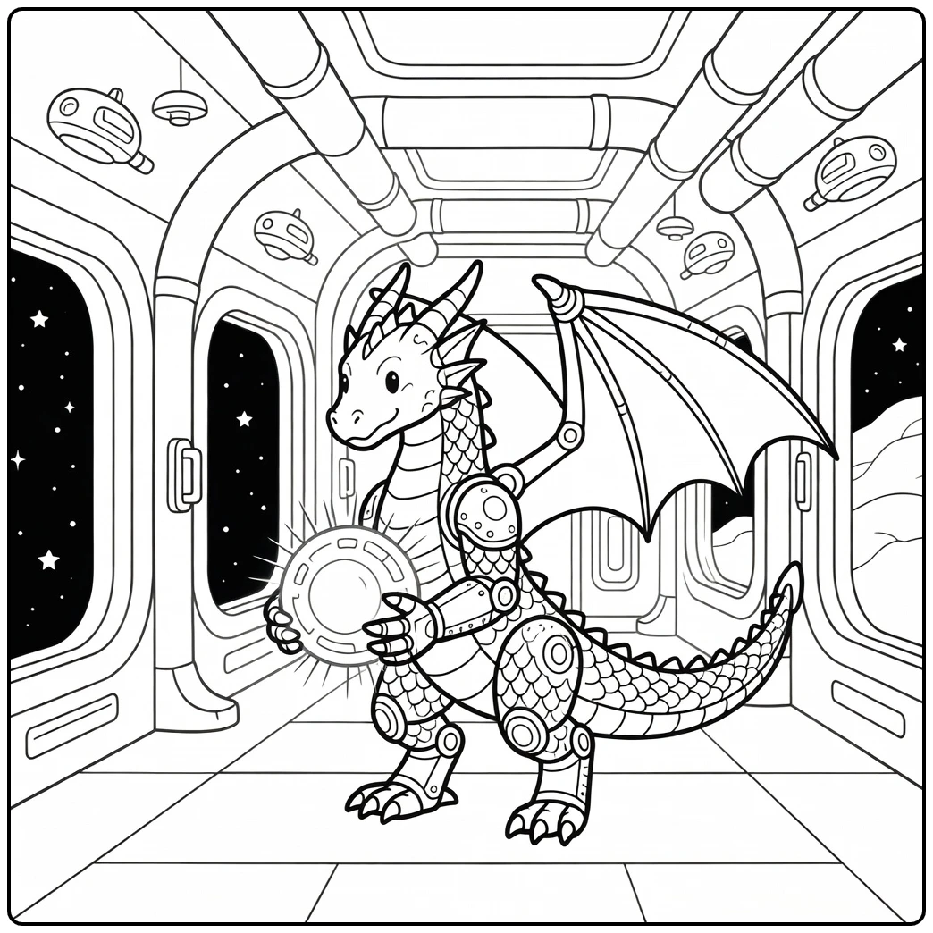 Dragon robot coloring page: mechanical wyrm carries glowing core