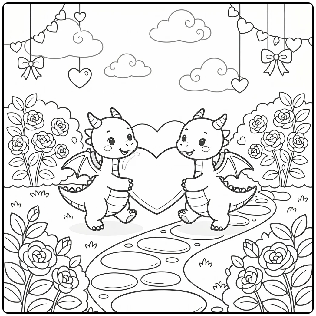 Dragon valentine coloring page: two cute dragons carry giant heart pillow