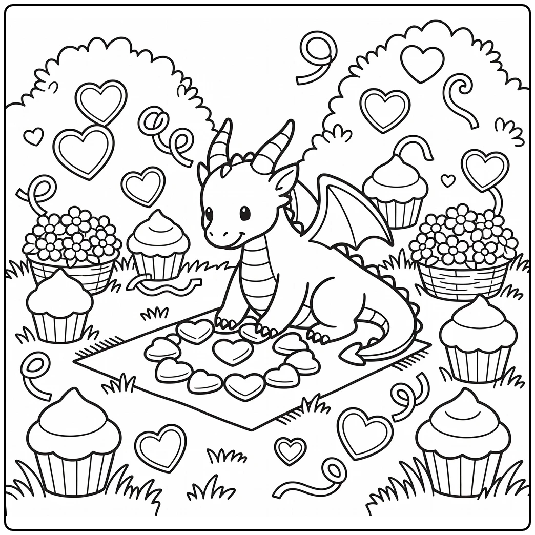 Dragon valentine coloring page: cute dragon picnic hearts