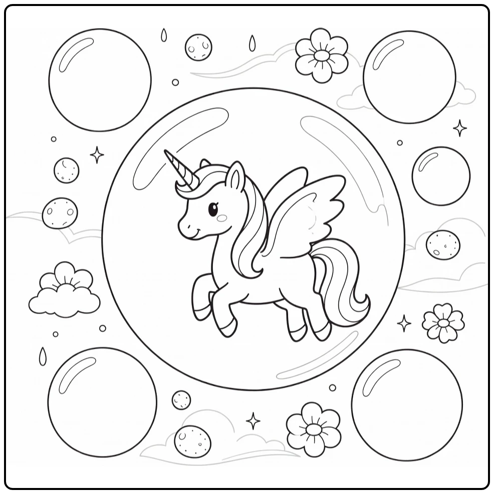 Alicorn coloring page: winged unicorn floating in giant bubble