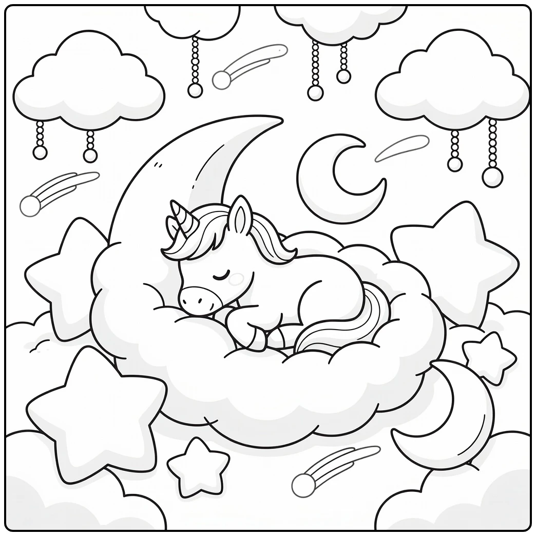 Sleepy baby unicorn coloring page in cloud nest with stars