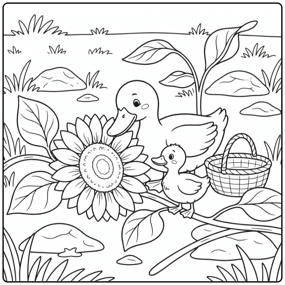 Duck and duckling coloring page exploring fallen sunflower