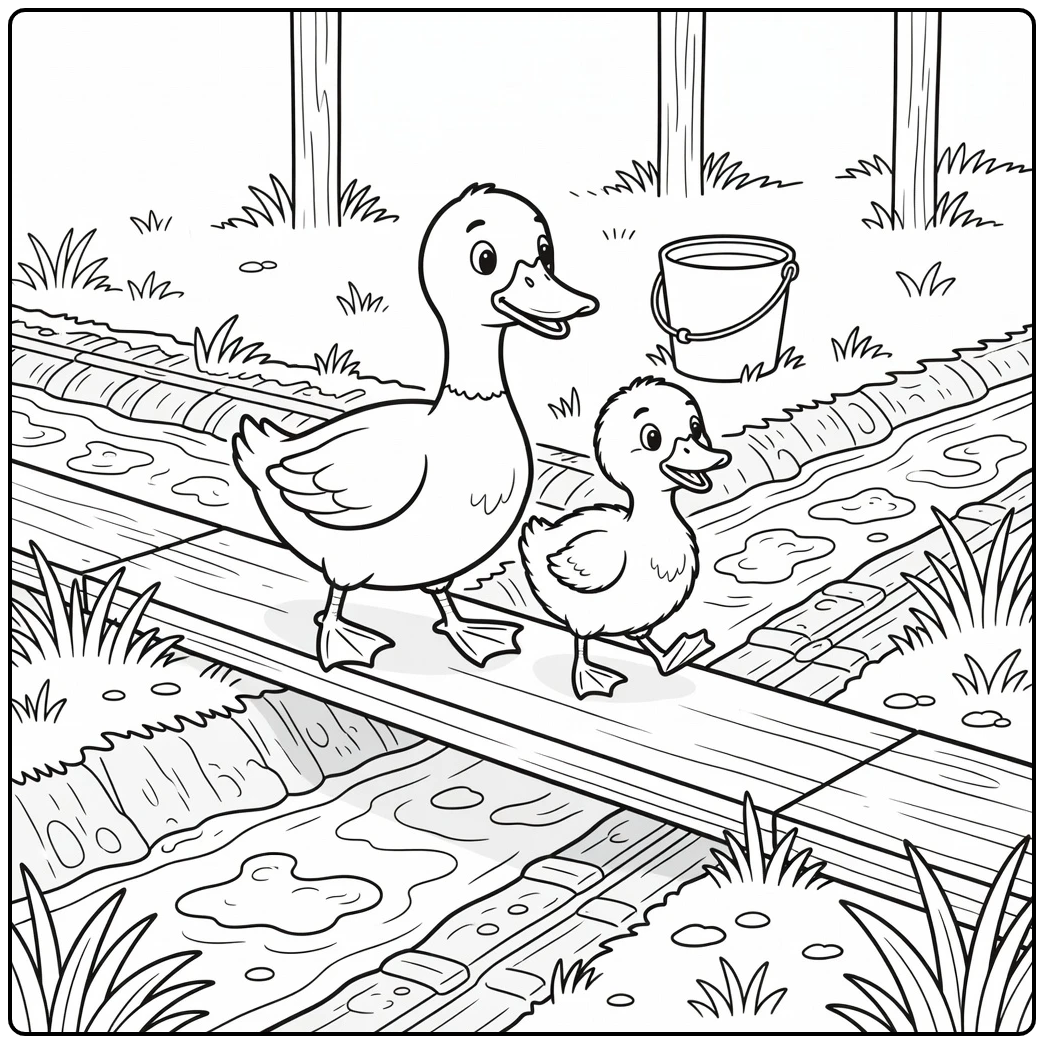 Duck and duckling coloring page on farm plank path