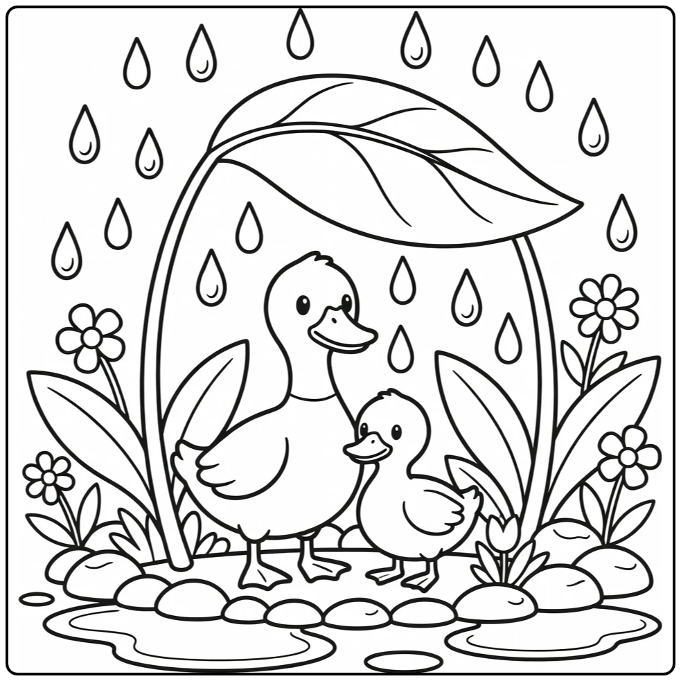 Duck and Duckling Coloring Page Under Rainy Garden Leaf