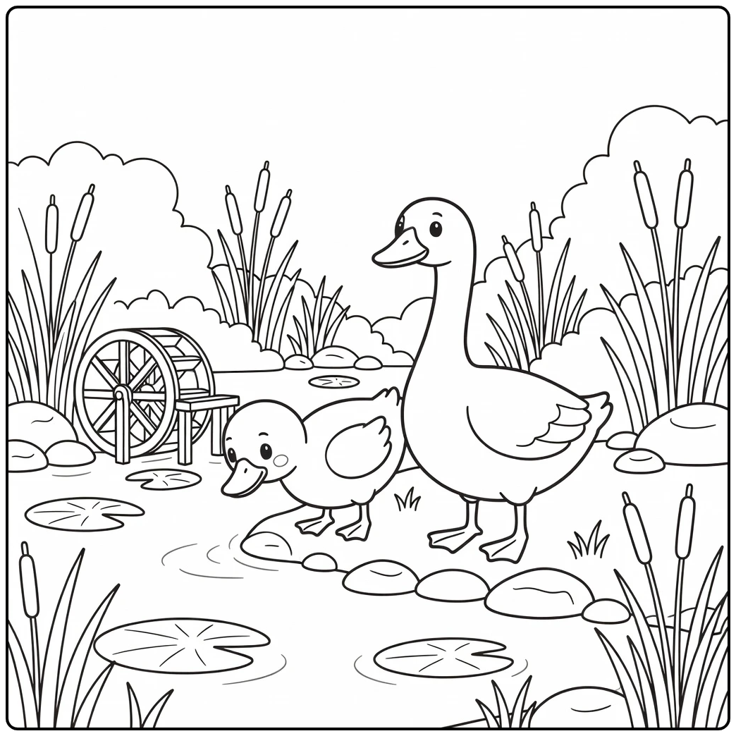 Adorable duck and goose coloring page at mill pond