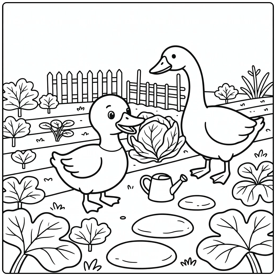 Cute duck and goose coloring page in vegetable patch