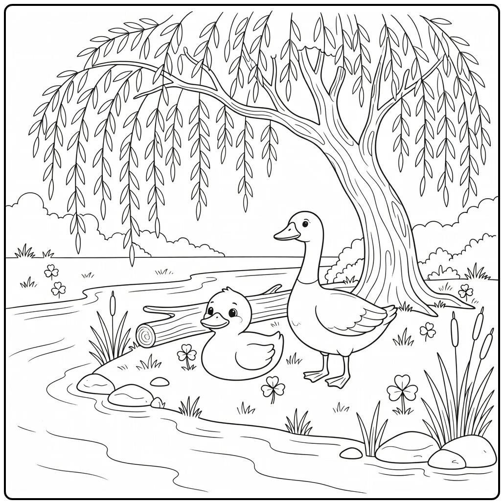 Duck and goose coloring page under willow tree on riverbank