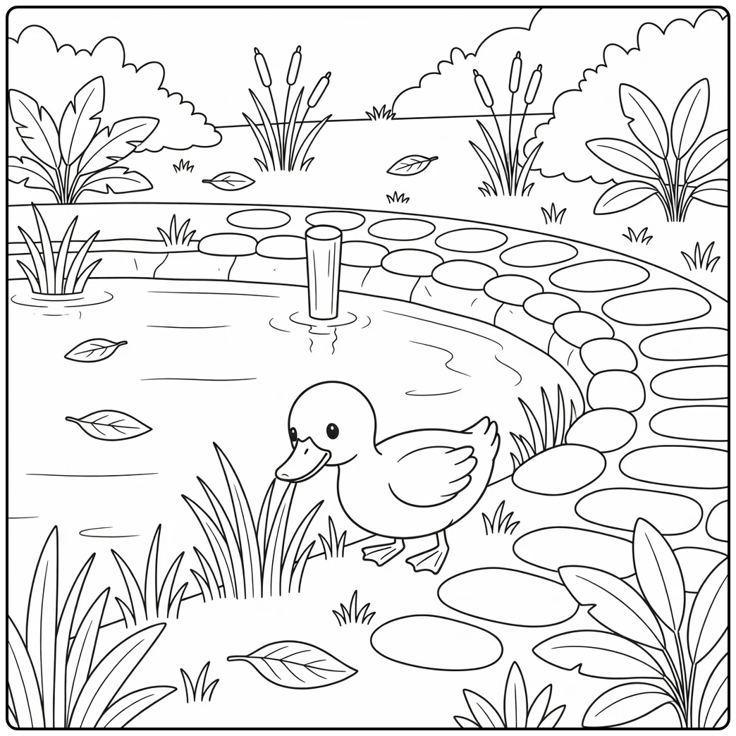 Duck coloring page with duck by quiet canal and grass
