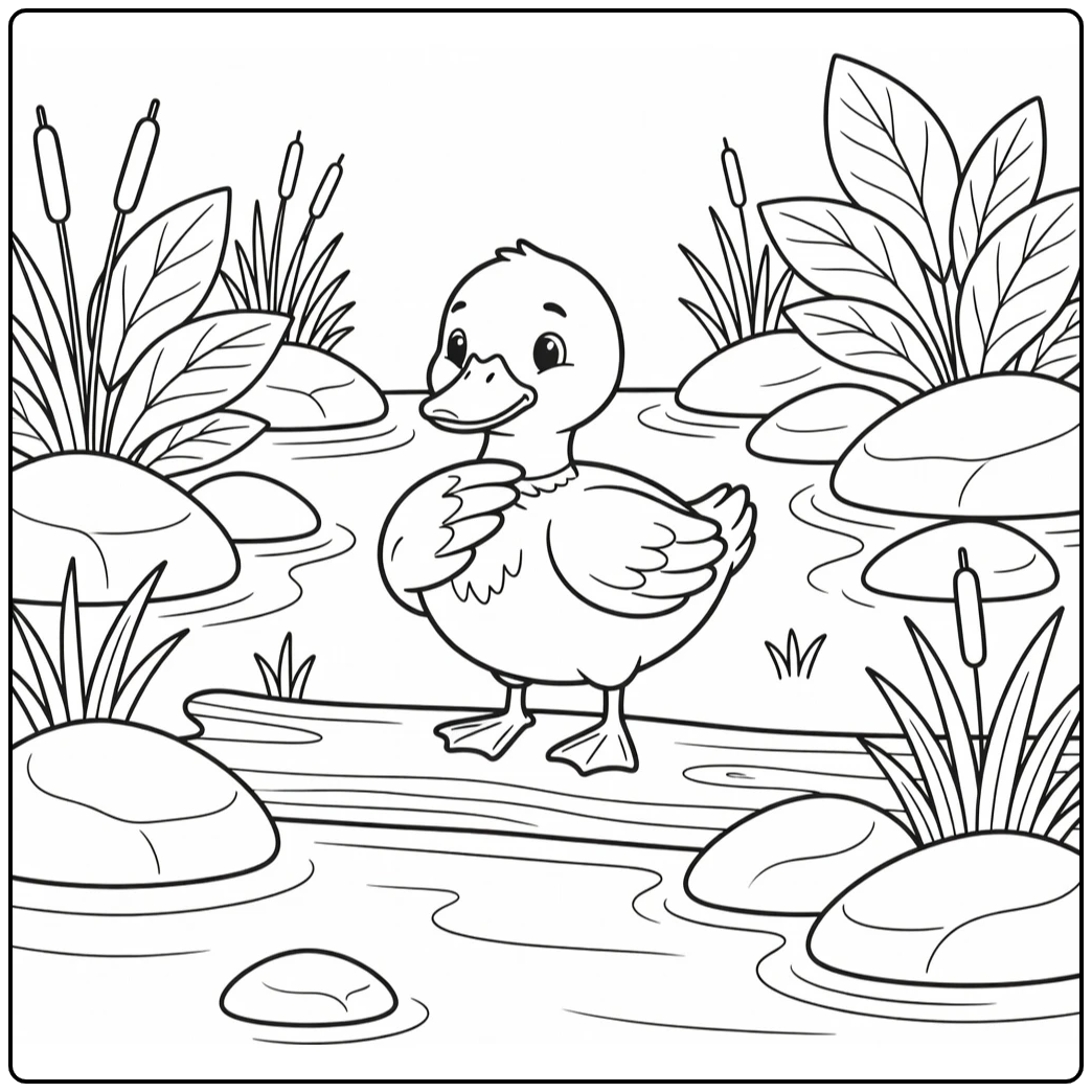 Charming duck coloring page of a preening duck by the riverbank