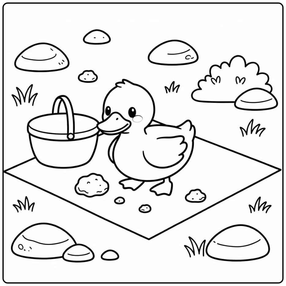 duck coloring page of duck searching food by picnic blanket