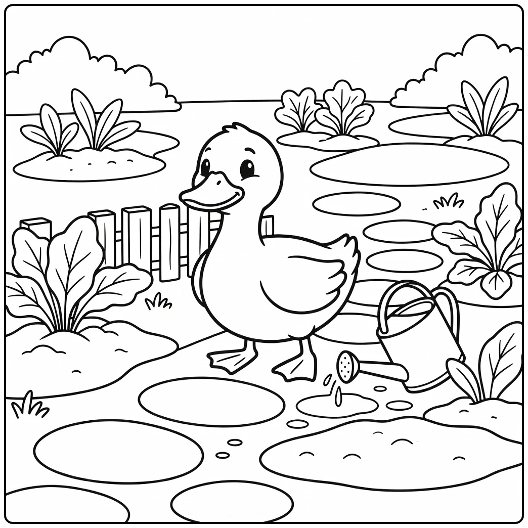 Duck coloring page of a duck in garden with watering can
