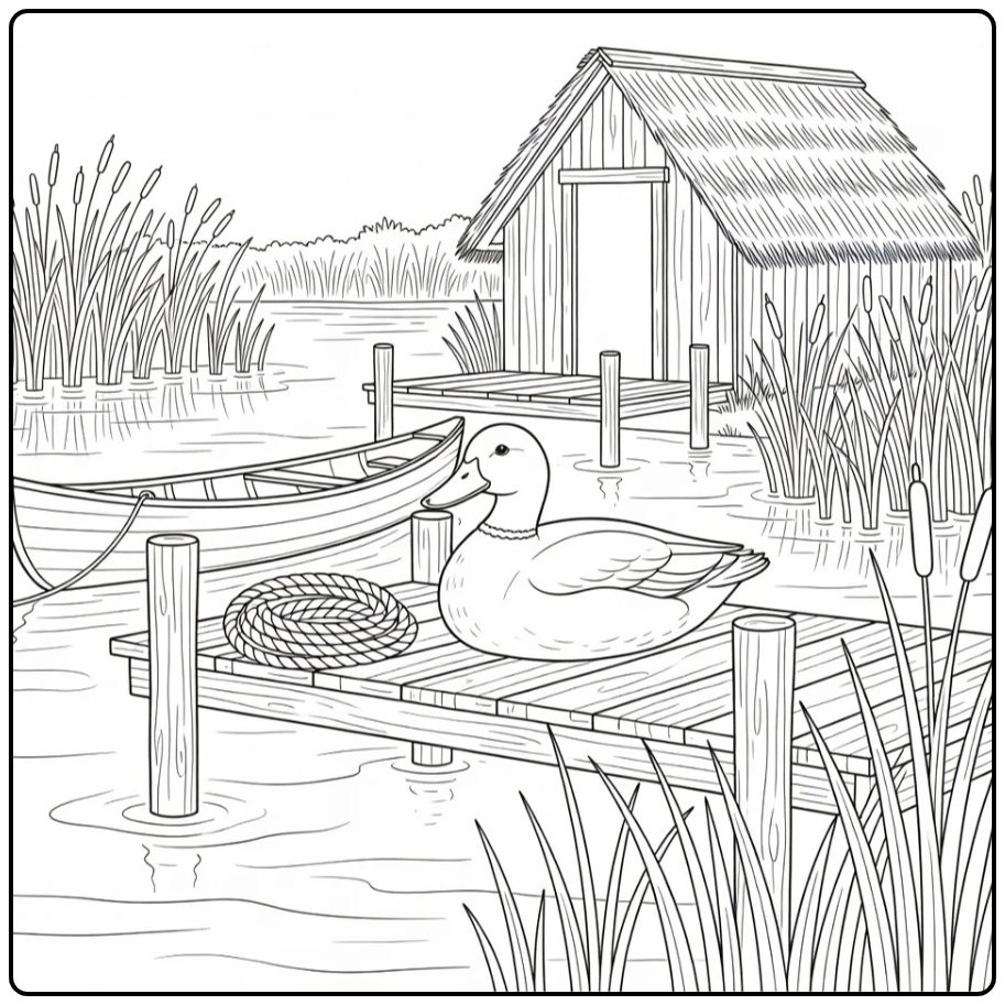 Duck coloring page for adults with duck by reed boathouse