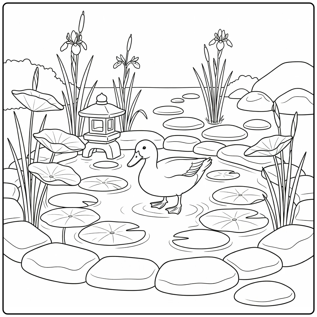 Duck coloring page for adults by serene pond