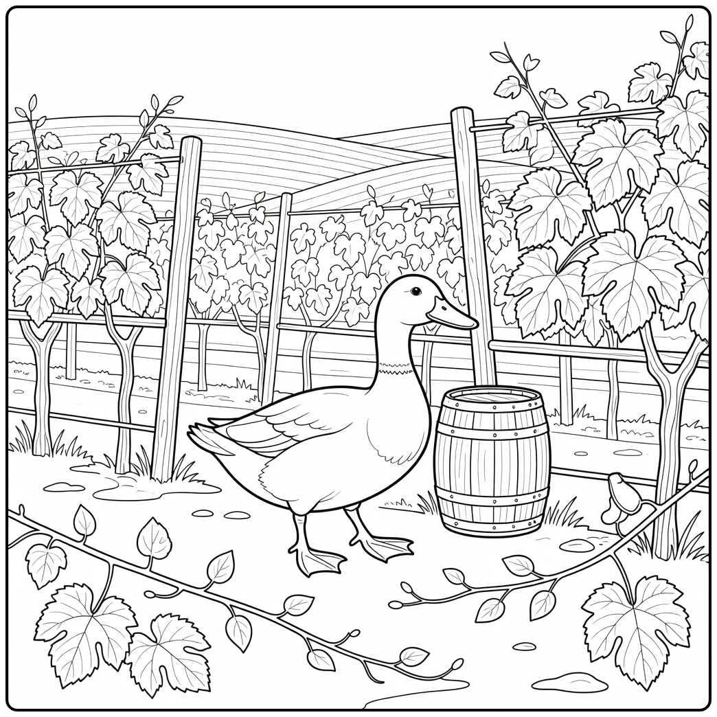 Duck coloring page for adults in vineyard beside barrel