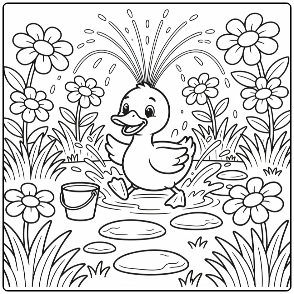 Duck coloring page for kids with splashing duck under sprinkler