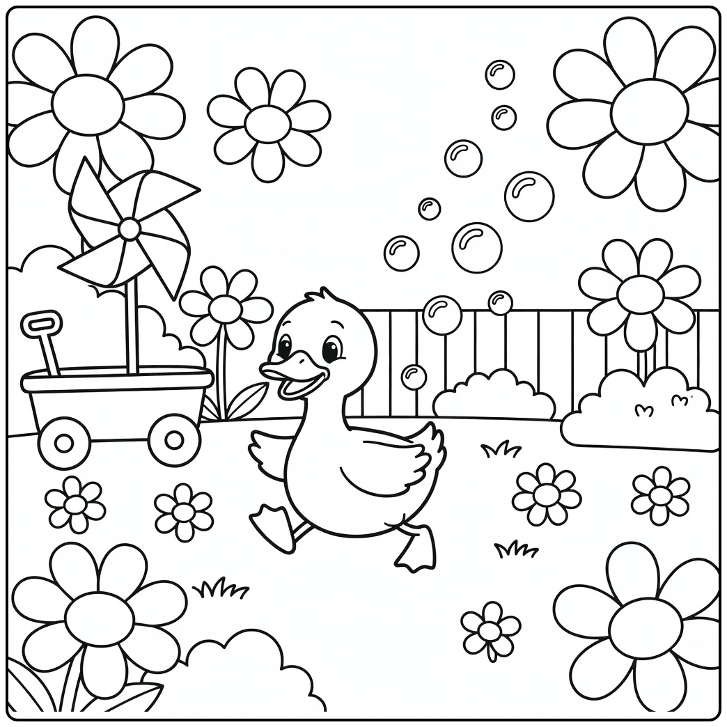 Duck coloring page for kids chasing floating soap bubbles