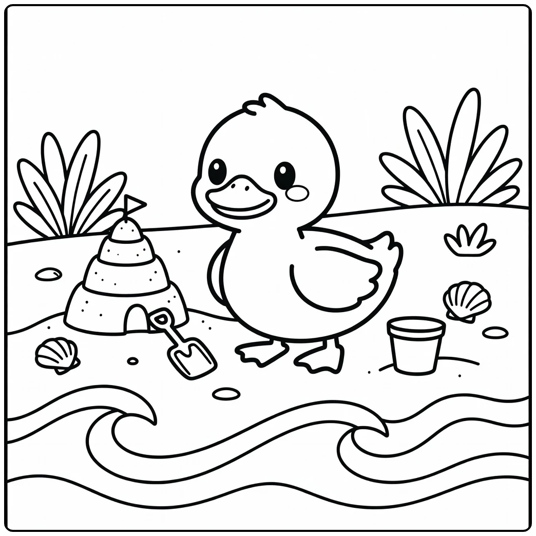 duck coloring page for kids duck beside sandcastle on beach