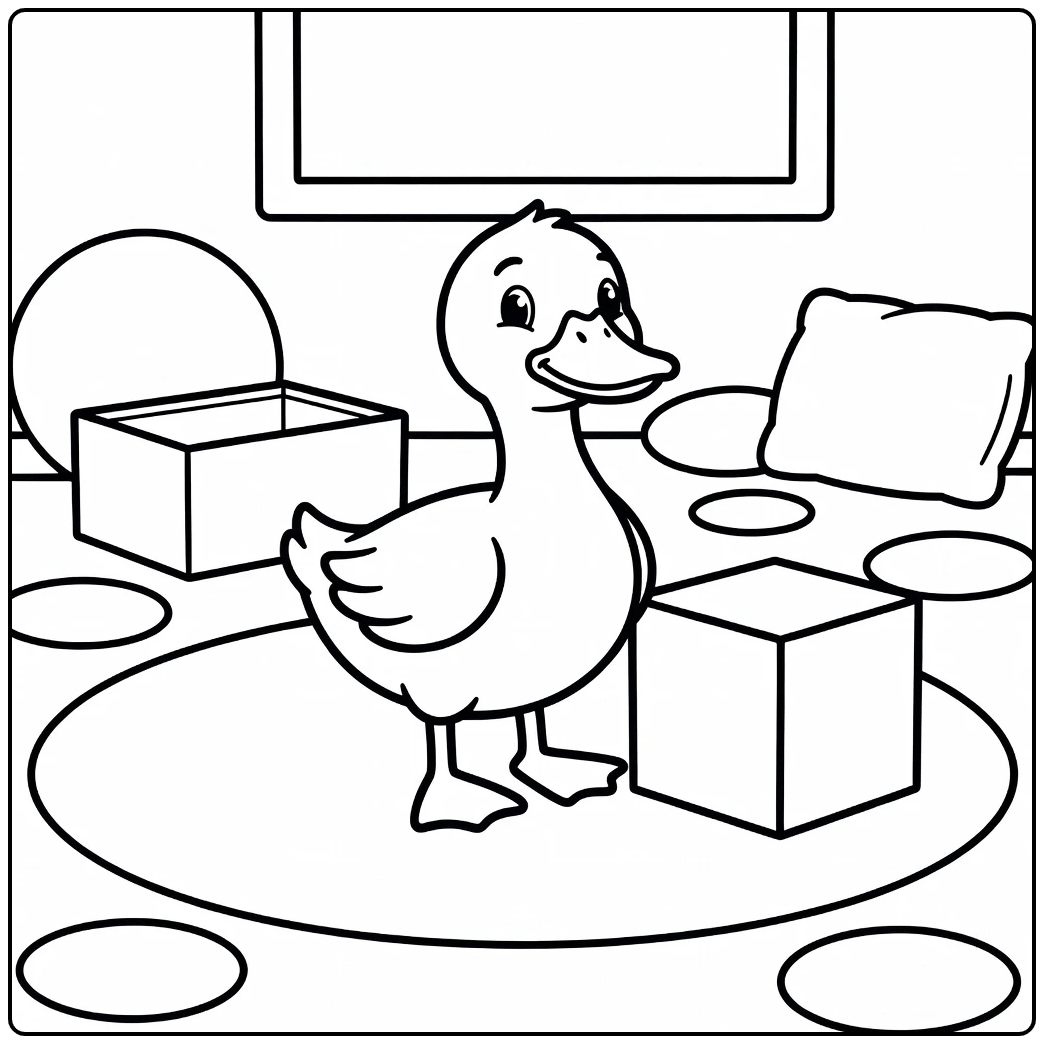Duck coloring page for toddlers with toy cube and rug