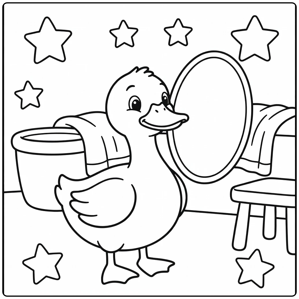 Duck coloring page for toddlers with mirror and stars