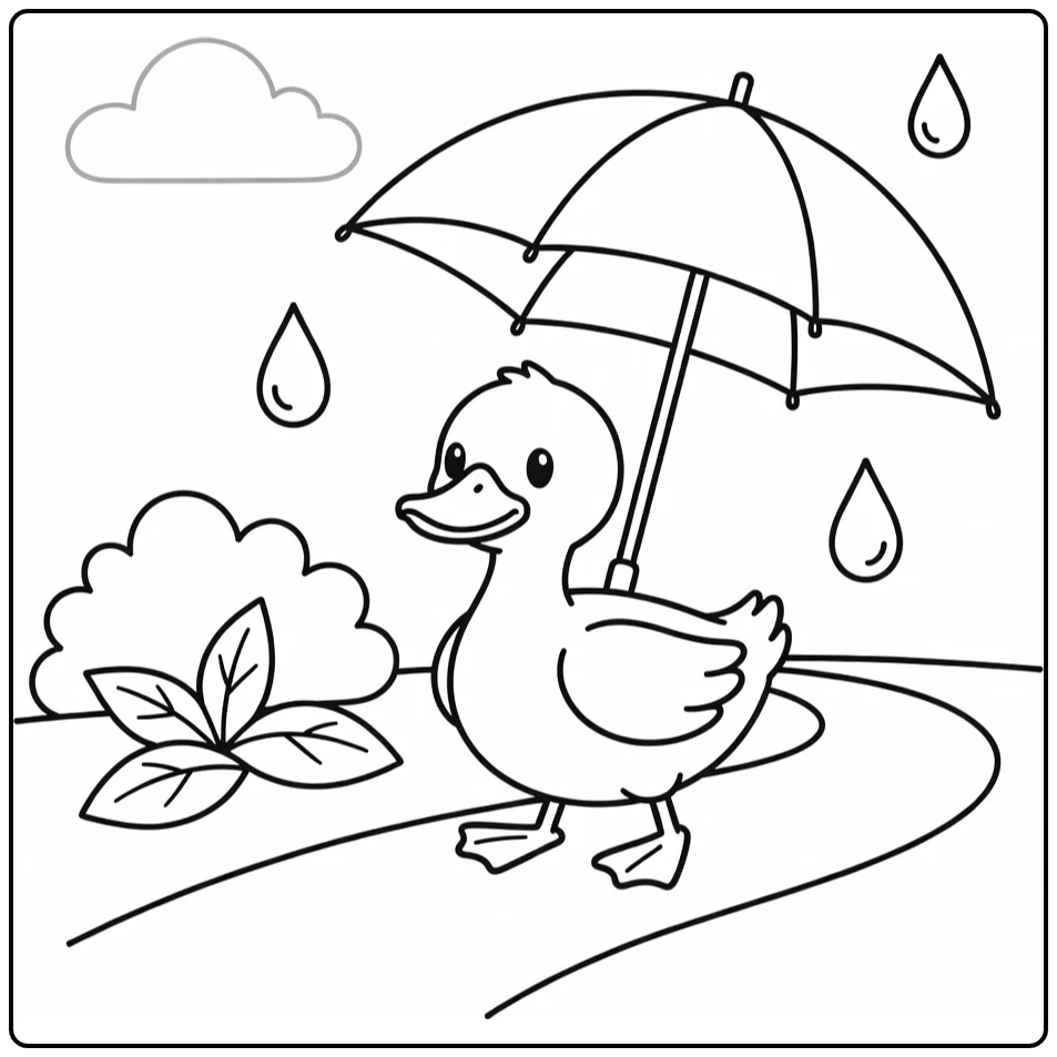 Duck coloring page for toddlers under big umbrella
