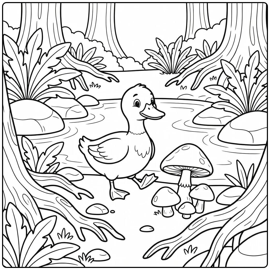 Duck coloring page with duck near mushrooms and pond