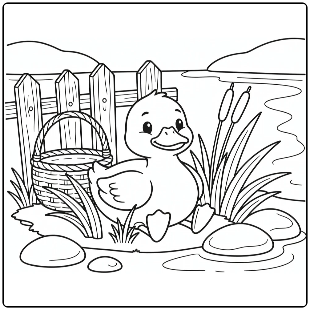 Duck coloring page with resting duck on reeds by fence