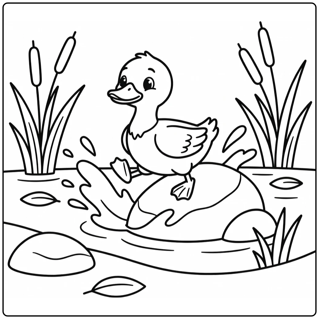 Duck coloring page duck climbing pond rock with splashes