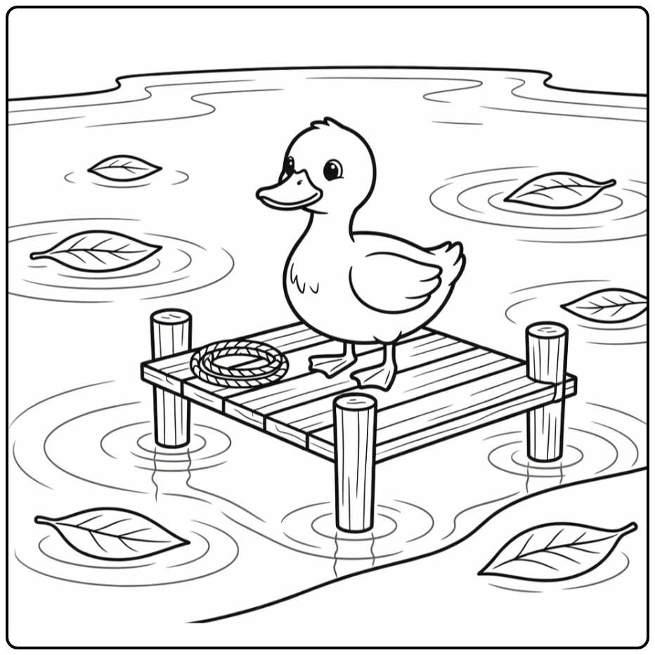 Duck coloring page with duck on dock looking at water