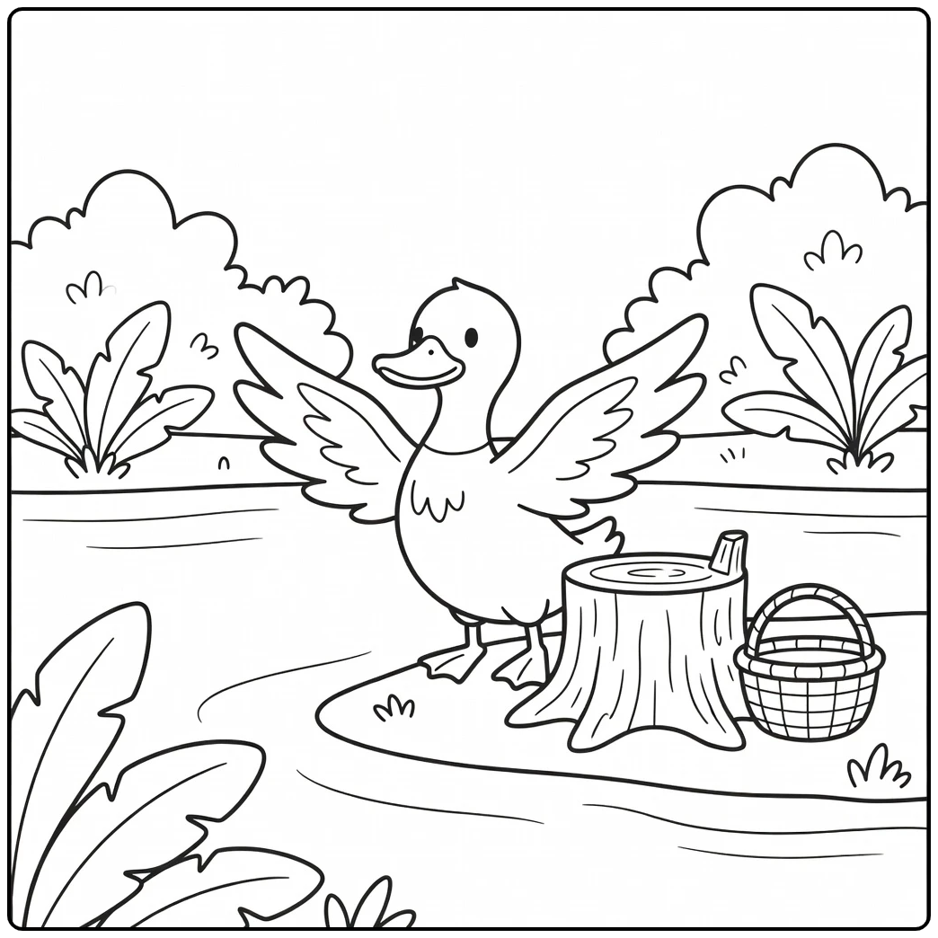 Duck coloring page showing duck flapping wings by stump