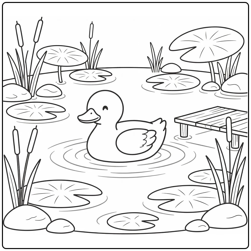 Duck coloring page of duck gliding on serene lily pond