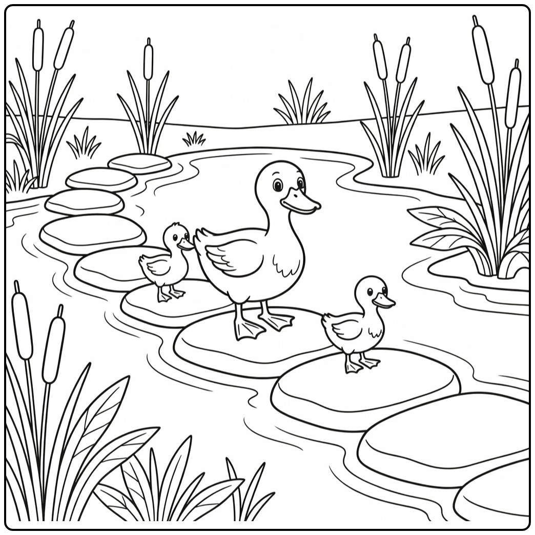 duck coloring page with duck leading ducklings across stones