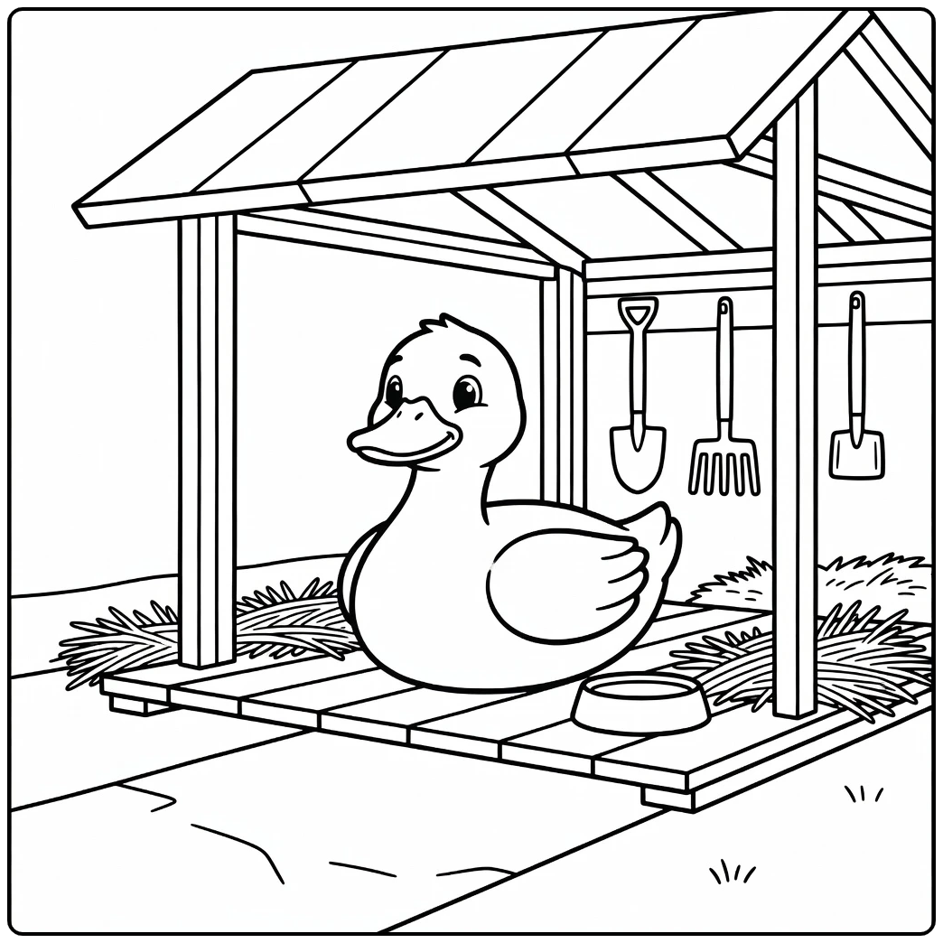Duck coloring page of a duck resting under farm shed roof