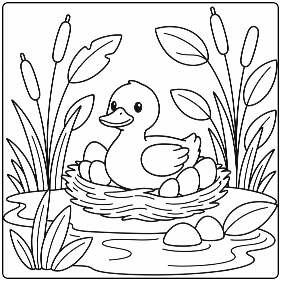 Duck coloring page of nesting duck with eggs near reeds