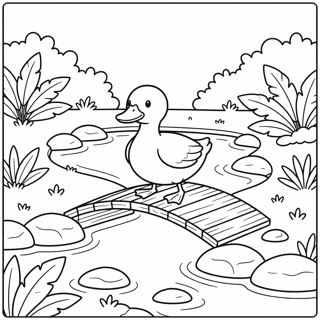 Duck coloring page of duck crossing wooden bridge