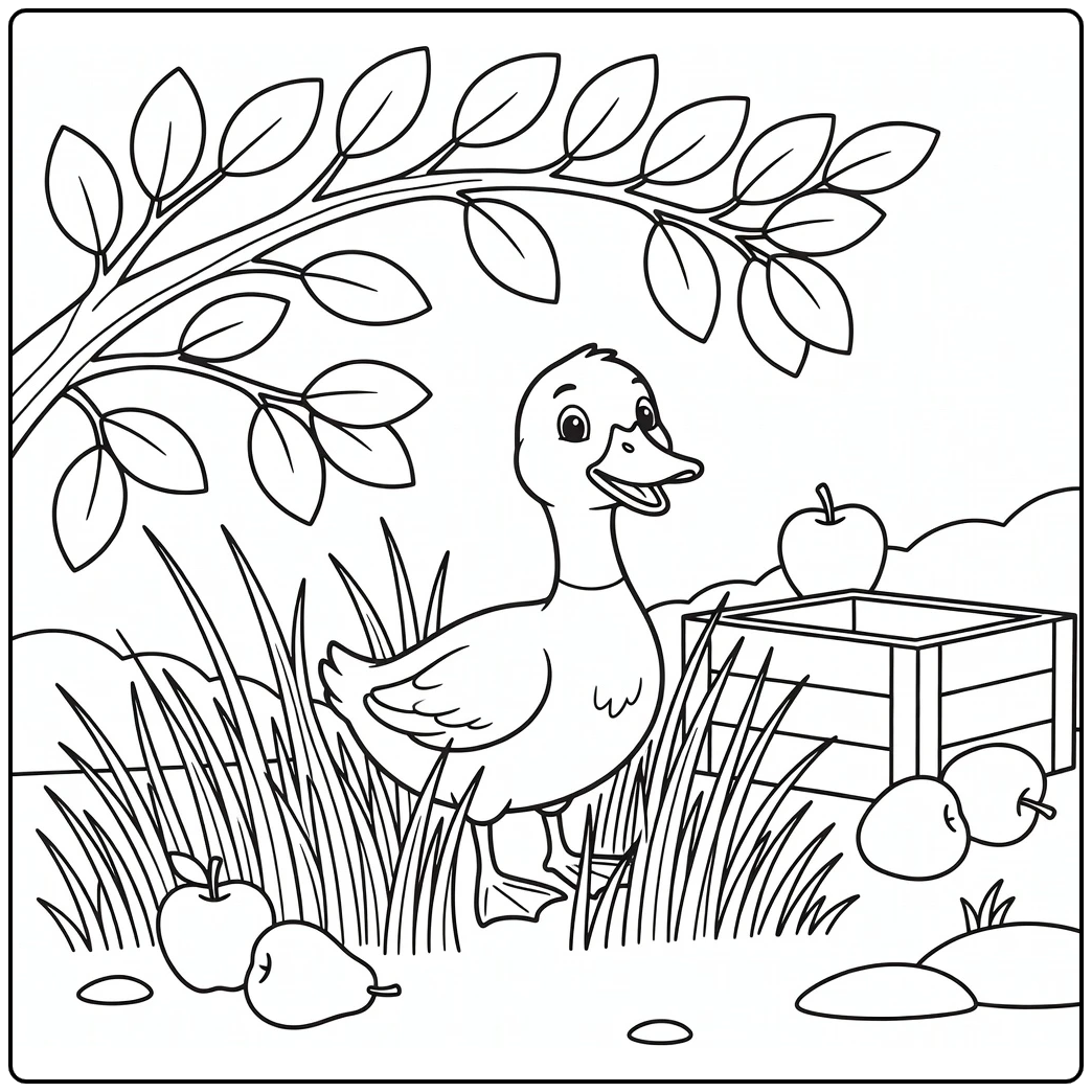 Duck coloring page of curious duck in orchard grass near fruit