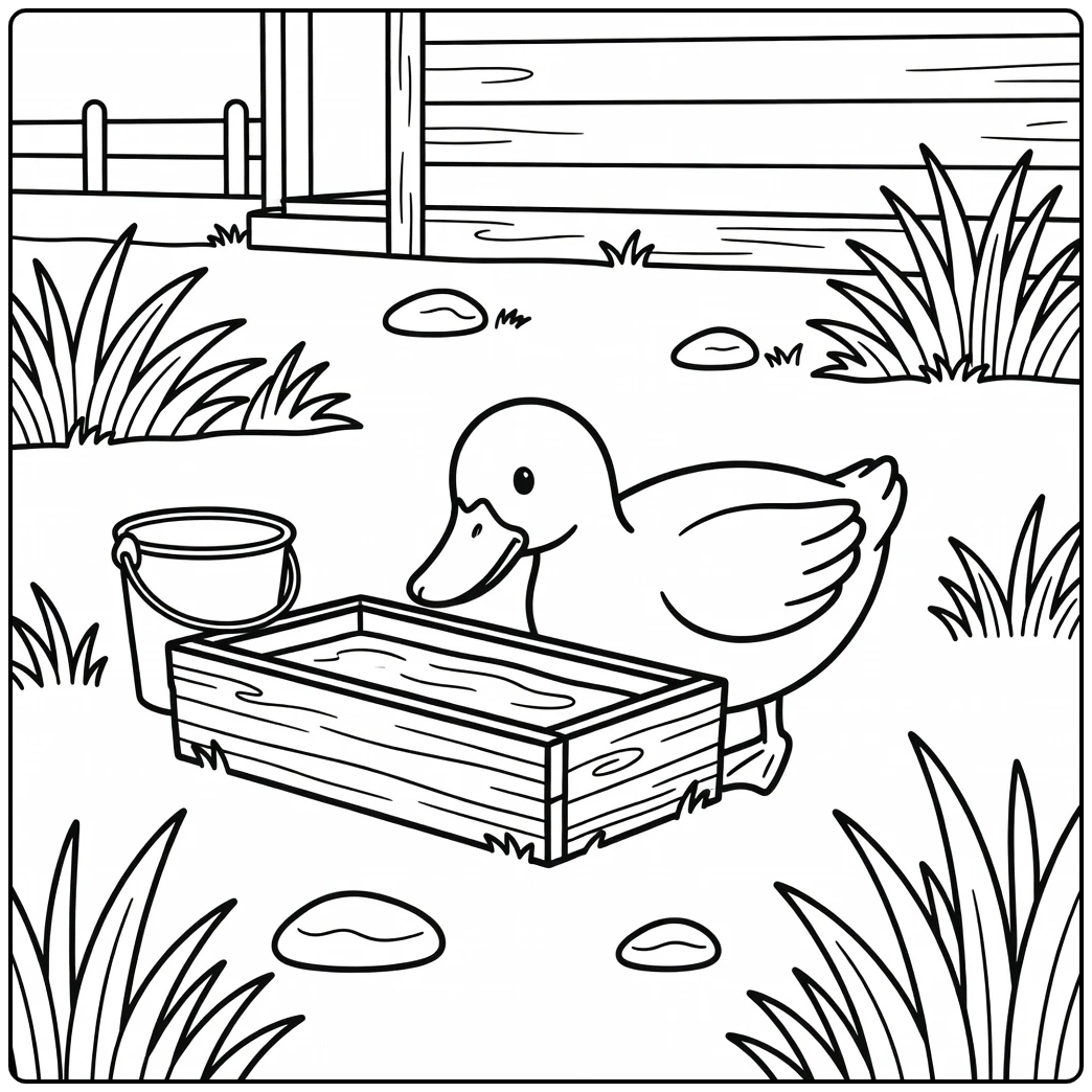 Duck coloring page of duck at farmhouse water trough