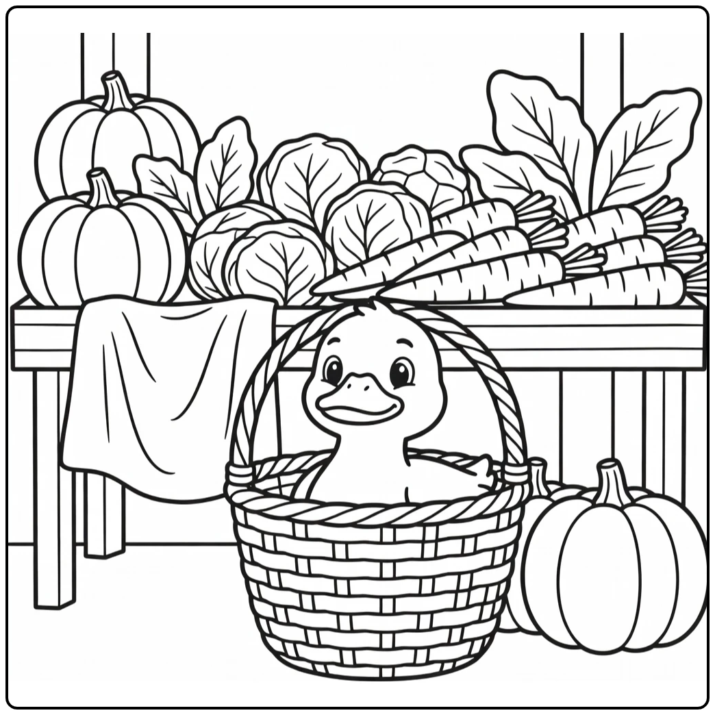 Duck coloring page of cute duck at market basket