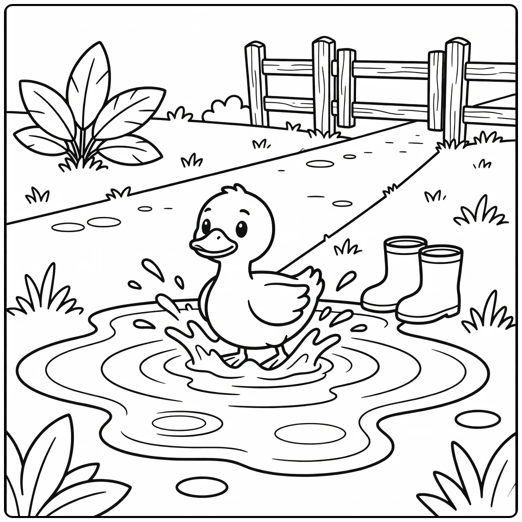 Duck coloring page of duck splashing in farm puddle